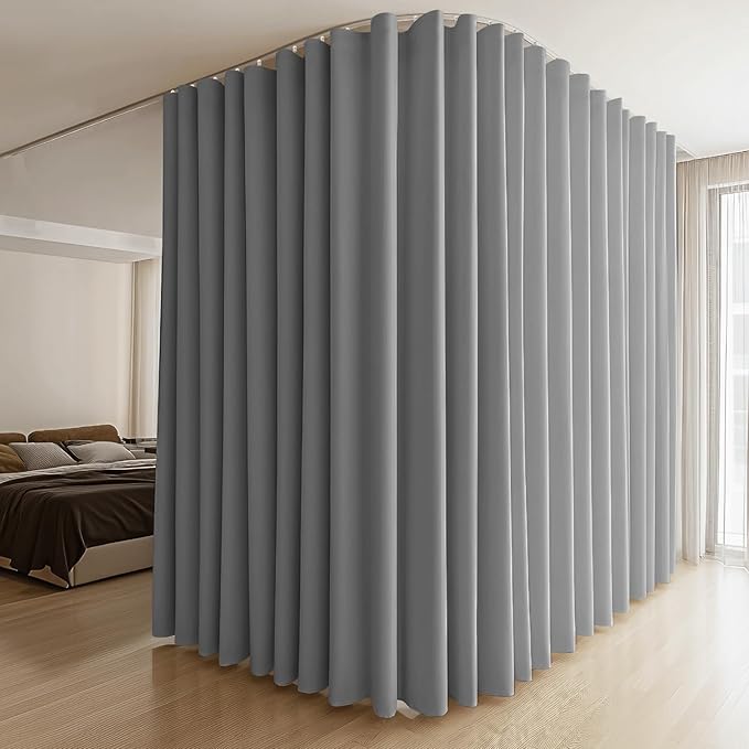 Room Divider Curtains & Flexible Bendable Tracks Set,Privacy Dividers Ceiling Track Curtain Window Blackout Curtains for Living Room Bedroom (W150 × H84 in 1 Panel Grey Drape & White Rail)