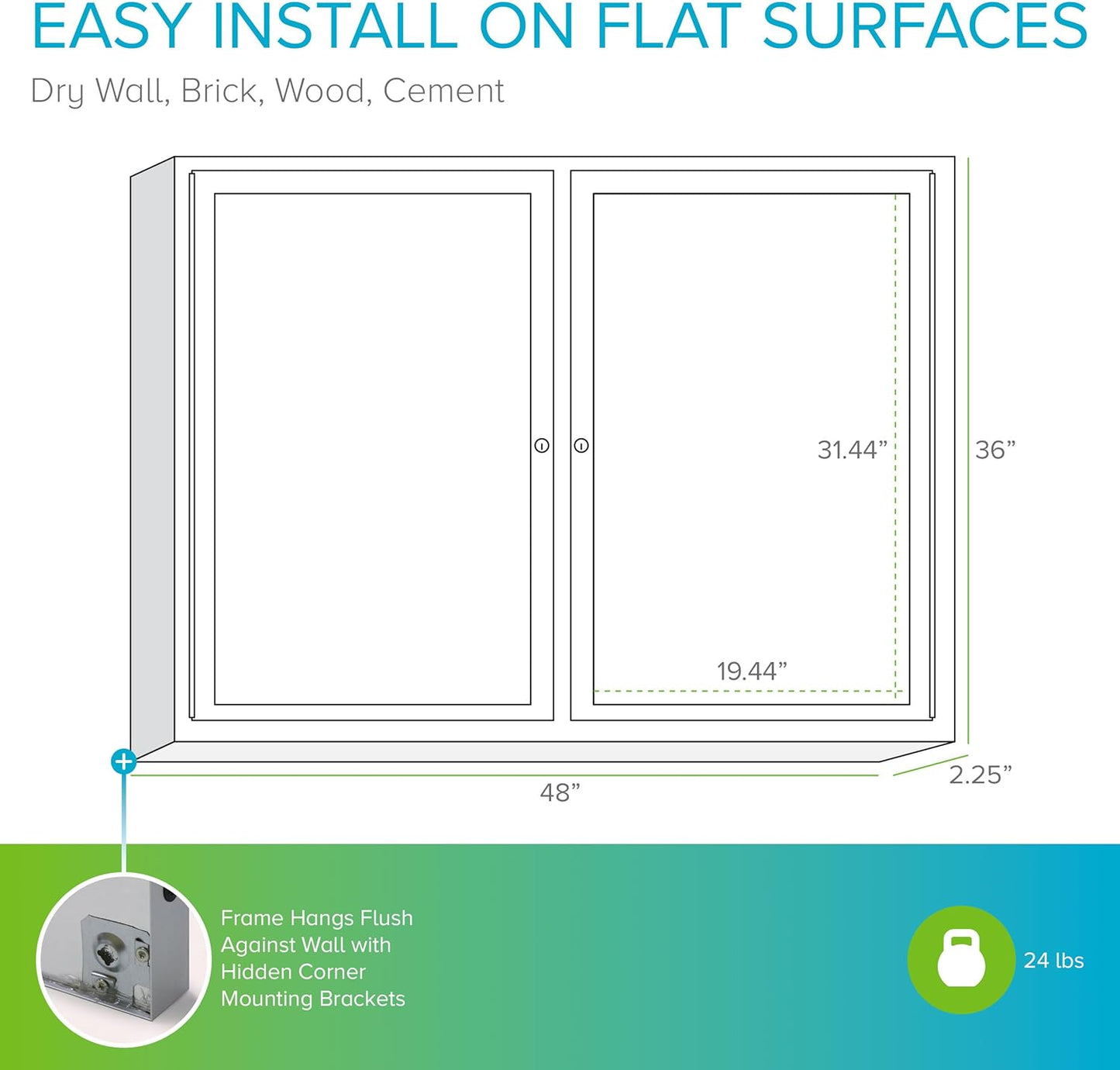 Ghent 36" x 48" 2-Door indoor Enclosed Bulletin Board, Shatter Resistant, with Lock, Satin Aluminum Frame - Natural Cork (PA234K) Made in the USA