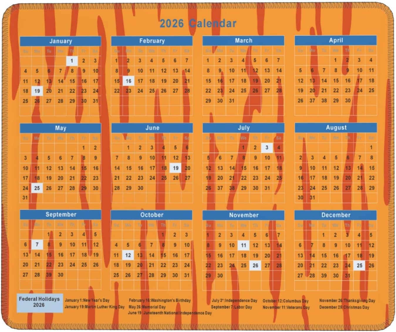2026 Calendar Mouse Pad Tiger Texture, Calendar with Holidays Mouse Pads, Non-Slip Rubber Base Mousepad for Office Desk Computers Laptop