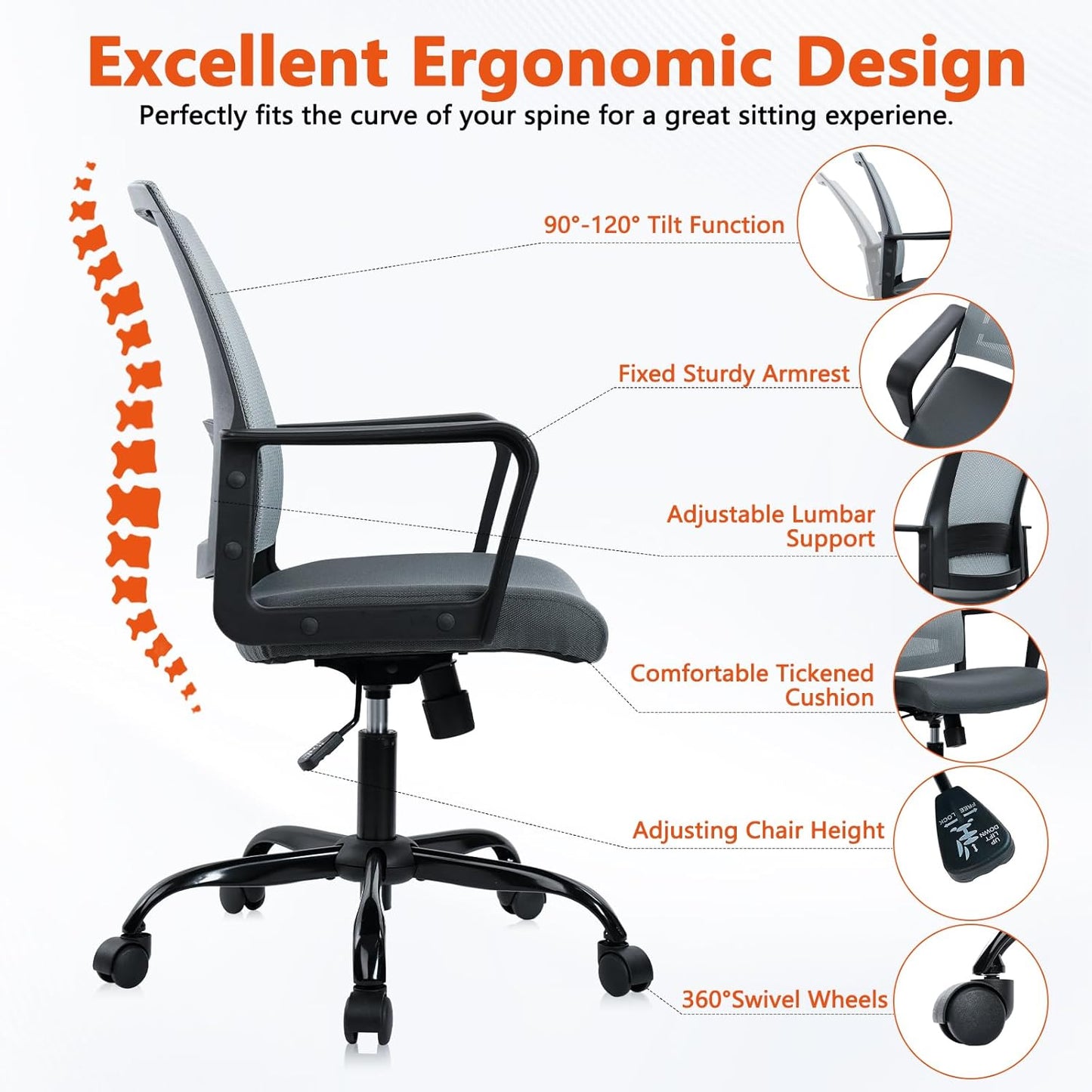 CLATINA Ergonomic Office Desk Chair - Mesh Office Chair with Adjustable Lumbar Support, Rolling Comfortable Computer Task Chairs with Arms for Home Conference-Gray, 2 Pack