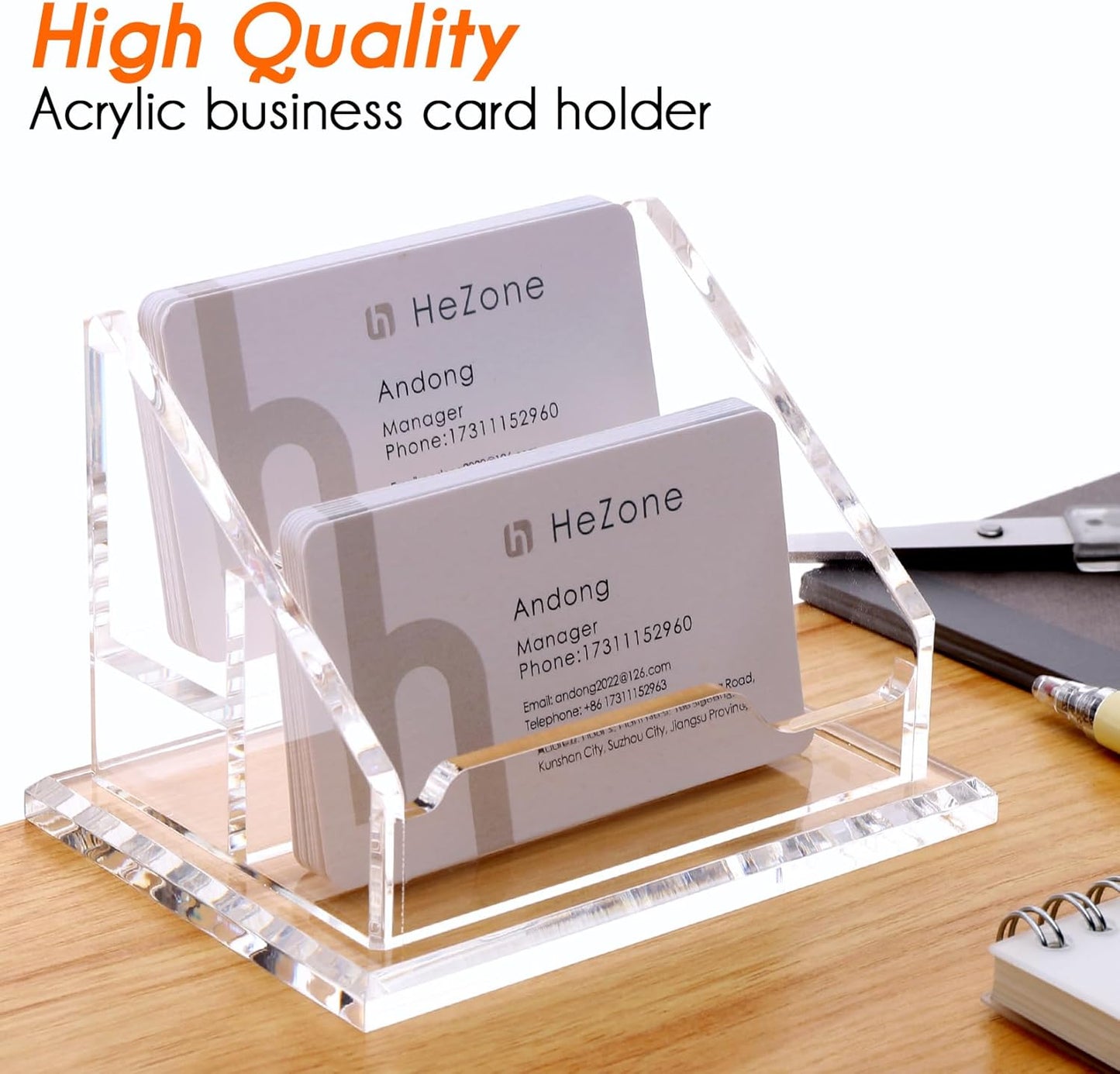 Acrylic Business Card Holder For Desk Clear Business Card Display Stand 2 Tier 2 Slots Business Cards Holders for Men And Woman, Organize 100 Cards-1 Pack (2 Solt-H)