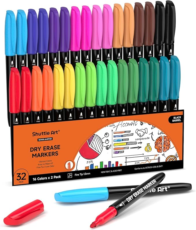 Shuttle Art Dry Erase Markers, 32 Pack 16 Colors Whiteboard Markers,Fine Tip Dry Erase Markers for Kids,Perfect For Writing on Whiteboards,Dry-Erase Boards,Mirrors,Calender,School Office Supplies