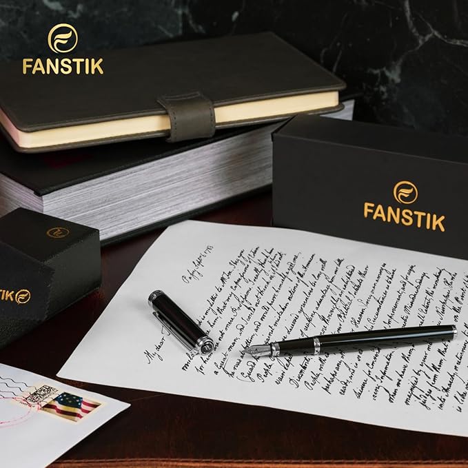 Customized Black & Silver Luxury fountain pen (Made In USA) fancy gift set for women, Real 24K Gold Plating, Professional executive pen gift set for men (Lux Custom-fountain Black-Silver)