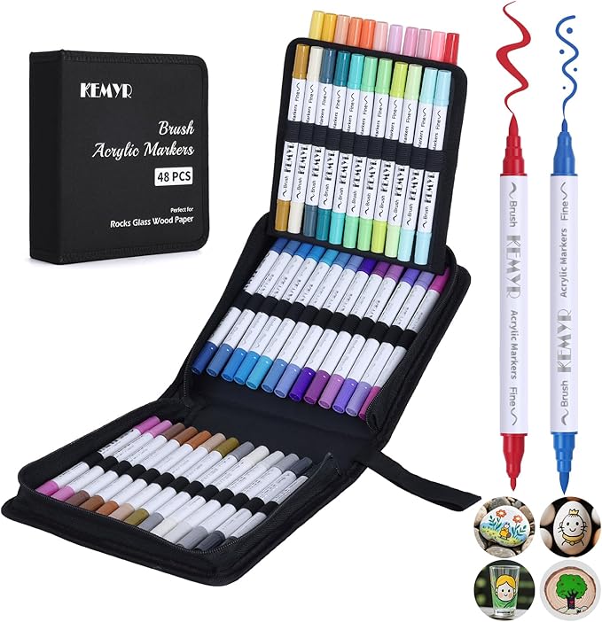 48 Colors Brush & Fine Tip Acrylic Paint Pens, Dual Tip Acrylic Paint Markers for Paper, Wood, Canvas, Stone, Rock, Glass, Fabric, DIY, Ceramic, Art Supplies for Kids and Adults Drawing
