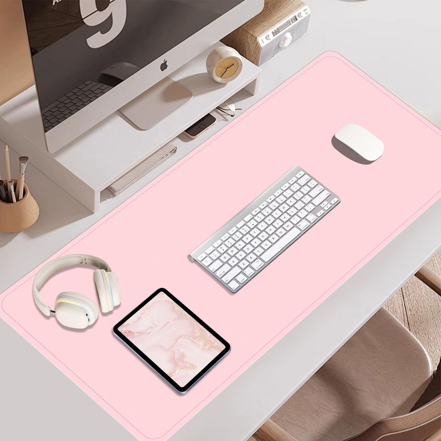 Large Non-Slip PU Leather Office Mat for Home & Office, 55'' x 17'' - Laptop Desk Blotter Pad for Mouse and Keyboard, Pink