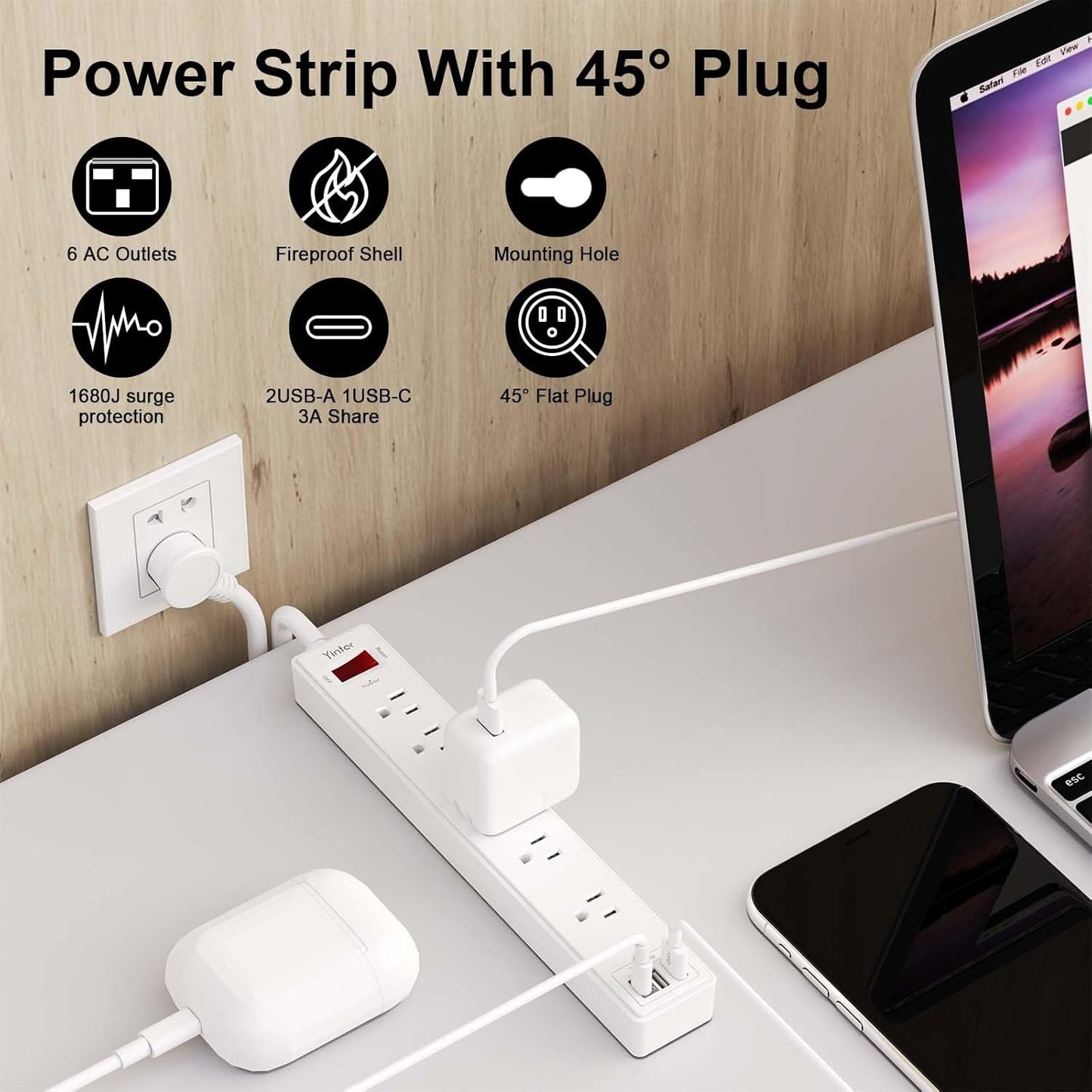 6 Ft Power Strip Surge Protector - Yintar Extension Cord with 6 AC Outlets and 3 USB Ports for Home, Office, Dorm Essentials, 1680 Joules, ETL Listed, White