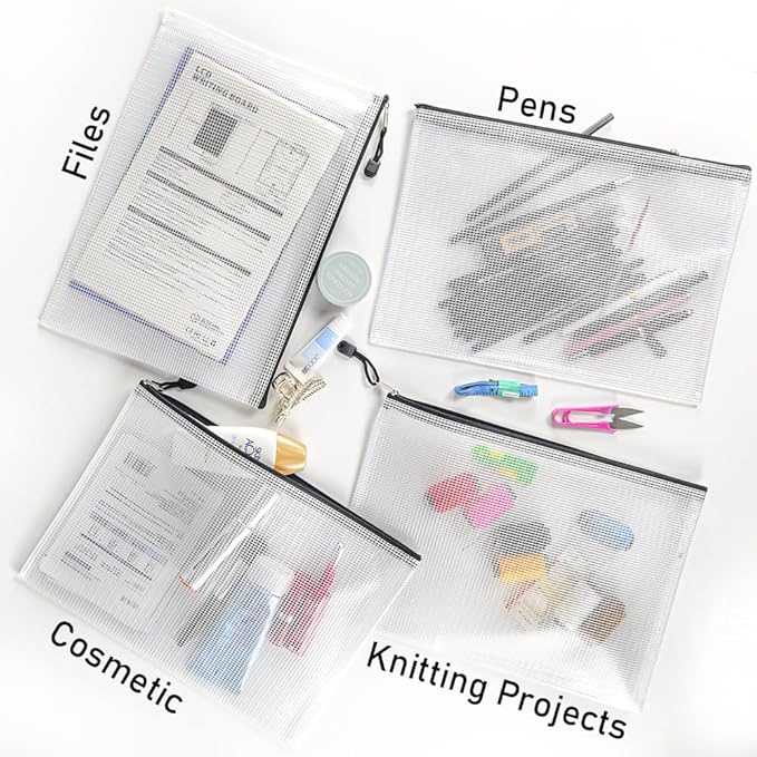 D-KINGCHY 24Pcs Zipper Storage Bags, Plastic Mesh Zippered Pouch for Organization, Waterproof Versatile Bags for Office Supplies School Travel