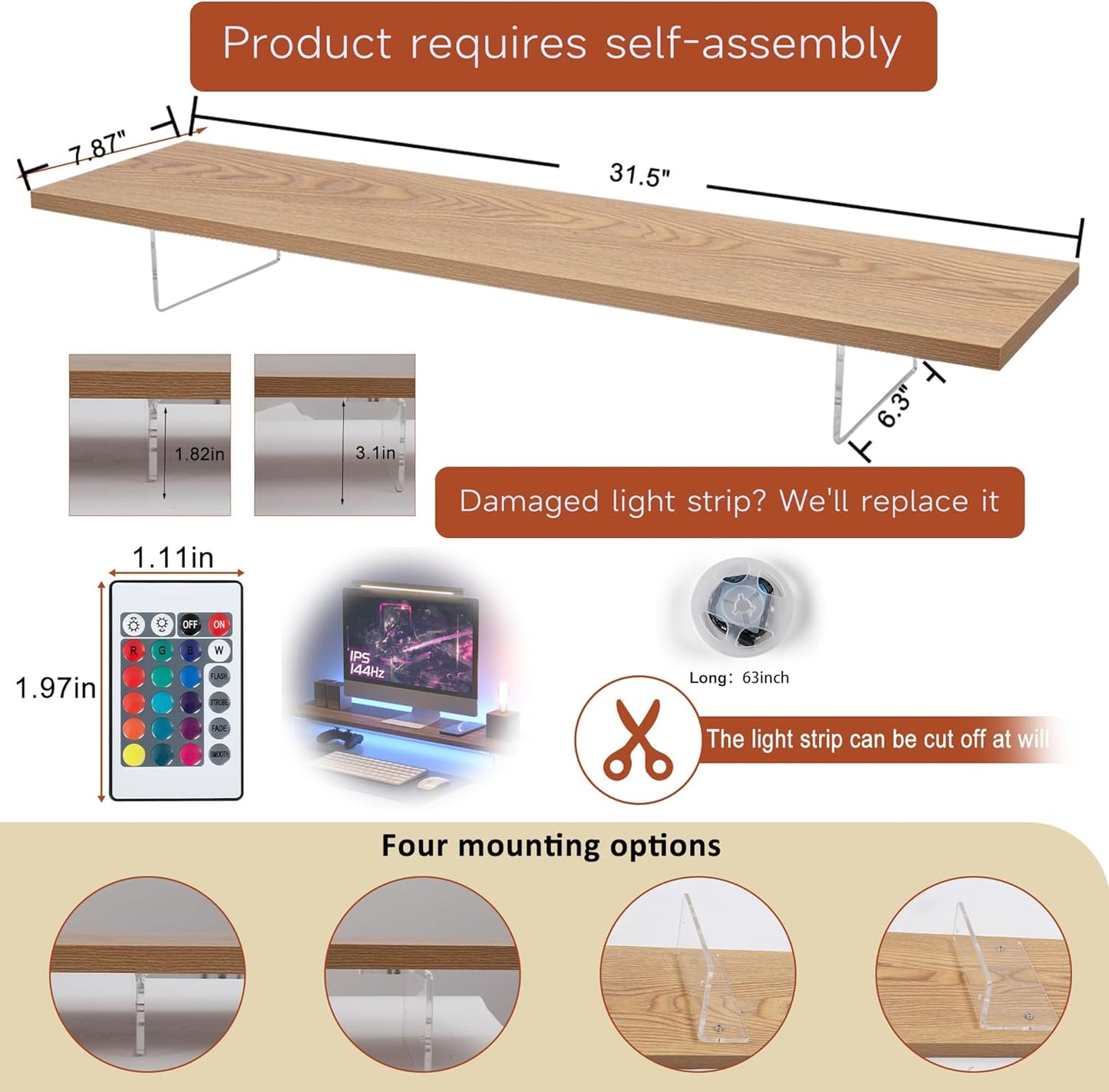 Monitor Stand Riser,Wood & Acrylic Computer Monitor Stand with LED Light,Desk Accessories Desktop Organizer Stand for Computer,Laptop,Printer,PC & TV Screen Riser