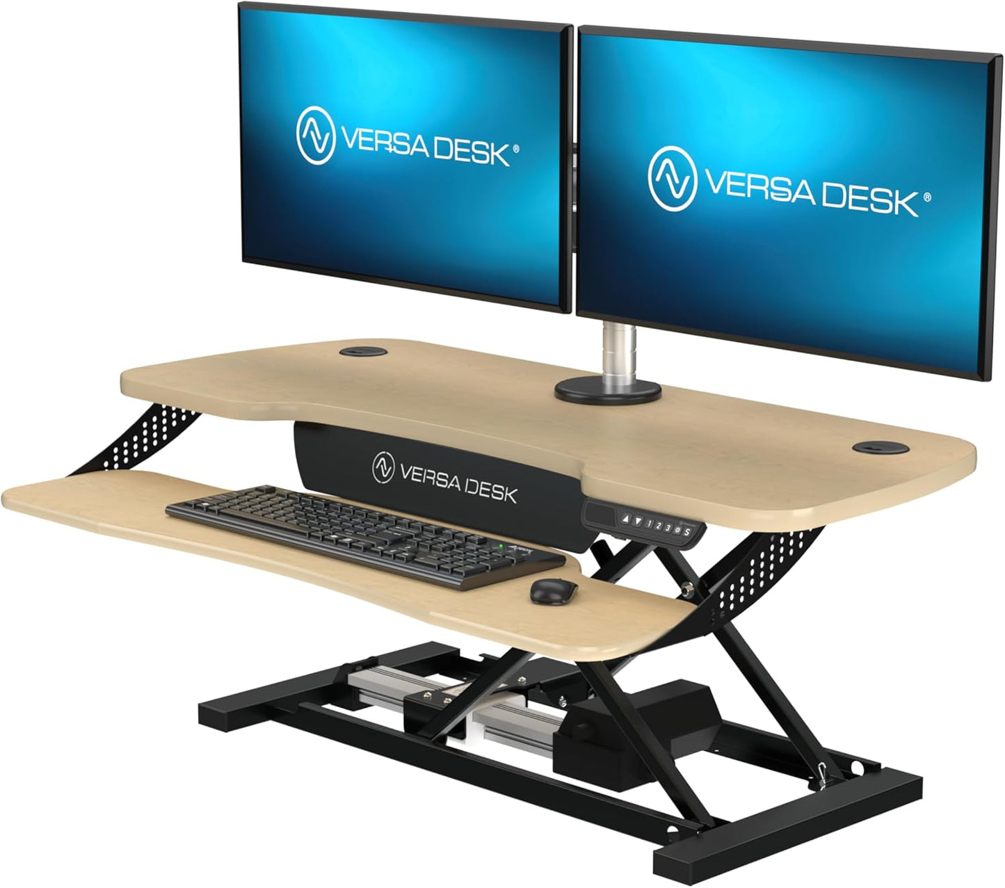 VERSADESK® PowerPro™ Elite 48” x 24" – App Controlled X-Large Electric Standing Desk Converter w/USB Charging Port. Raises up to 20”. Fully Assembled – Includes LED Lights. Supports 80 lbs. – Maple