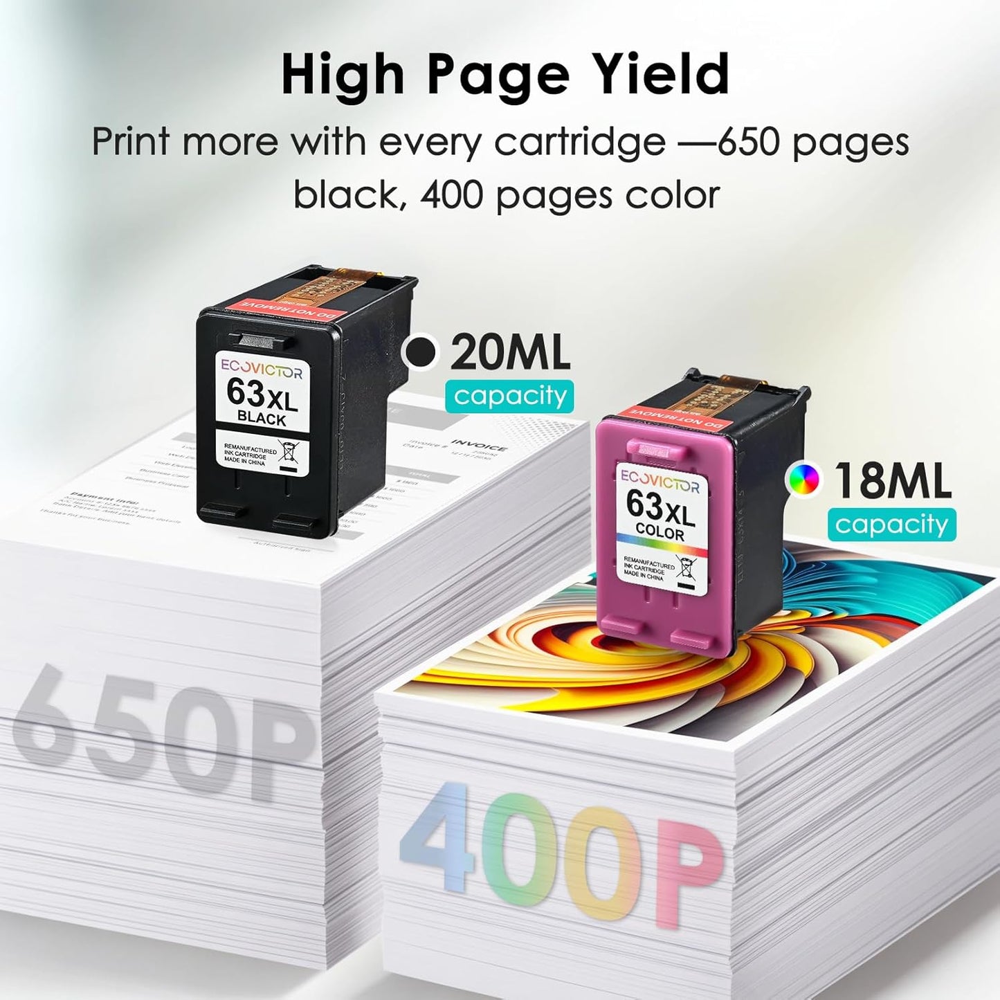 Eco-Friendly Remanufactured Ink Cartridge Replacement for HP 63 63XL HP63 Black and Color Combo 2 Pack for 3830 4650 4652 4655 4520 4512 5255 5258 5252 5200 3833 3630 3632 2132 2130 Printer