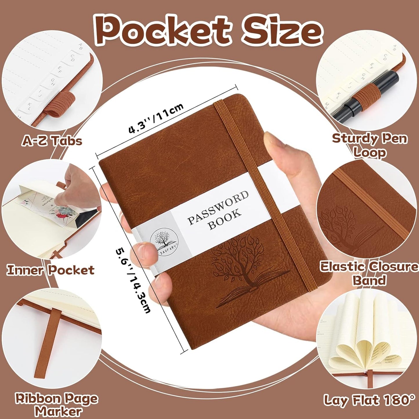 DAOFARY Password Book with Alphabetical Tabs - Small Password Keeper Book (5.6 * 4.3 in) with Inner Pocket, Hardcover Password Keeper Notebook for Log Internet Website Information (Reddish Brown)