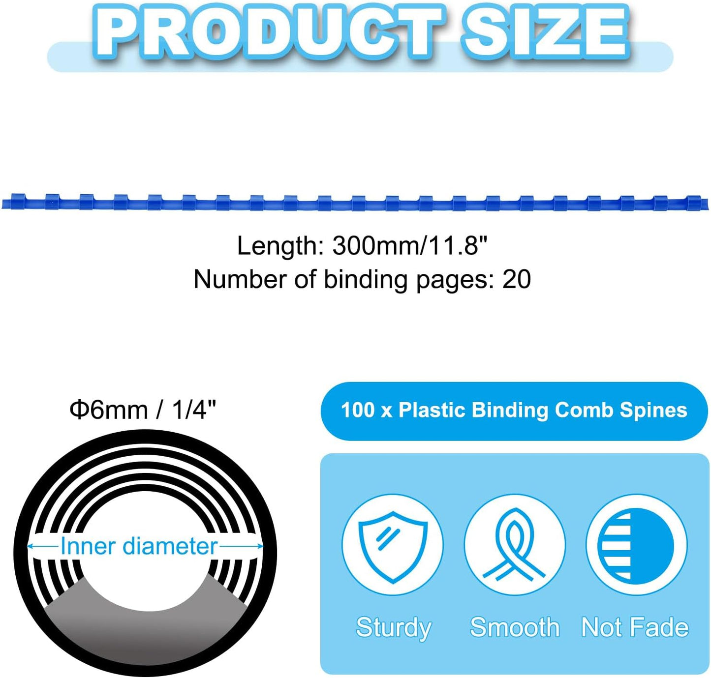 PATIKIL 6mm (1/4") Plastic Binding Combs, 100 Pcs 21 Rings Comb Binding Spines 20 Sheet Capacity Letter Size for Binding Paper Sheets, Blue