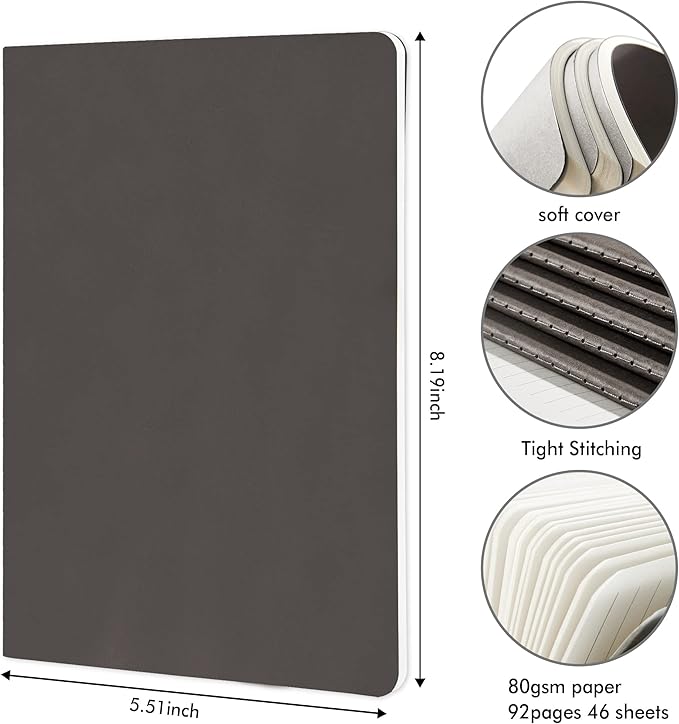 feela 8 Pack Soft Cover Journal Bulk, Notebooks College Ruled for Work, Lined Travel Journal for Women Men, Note Taking Notebook School Supplies Business Writing, 8.2” x 5.5”, A5, Gray
