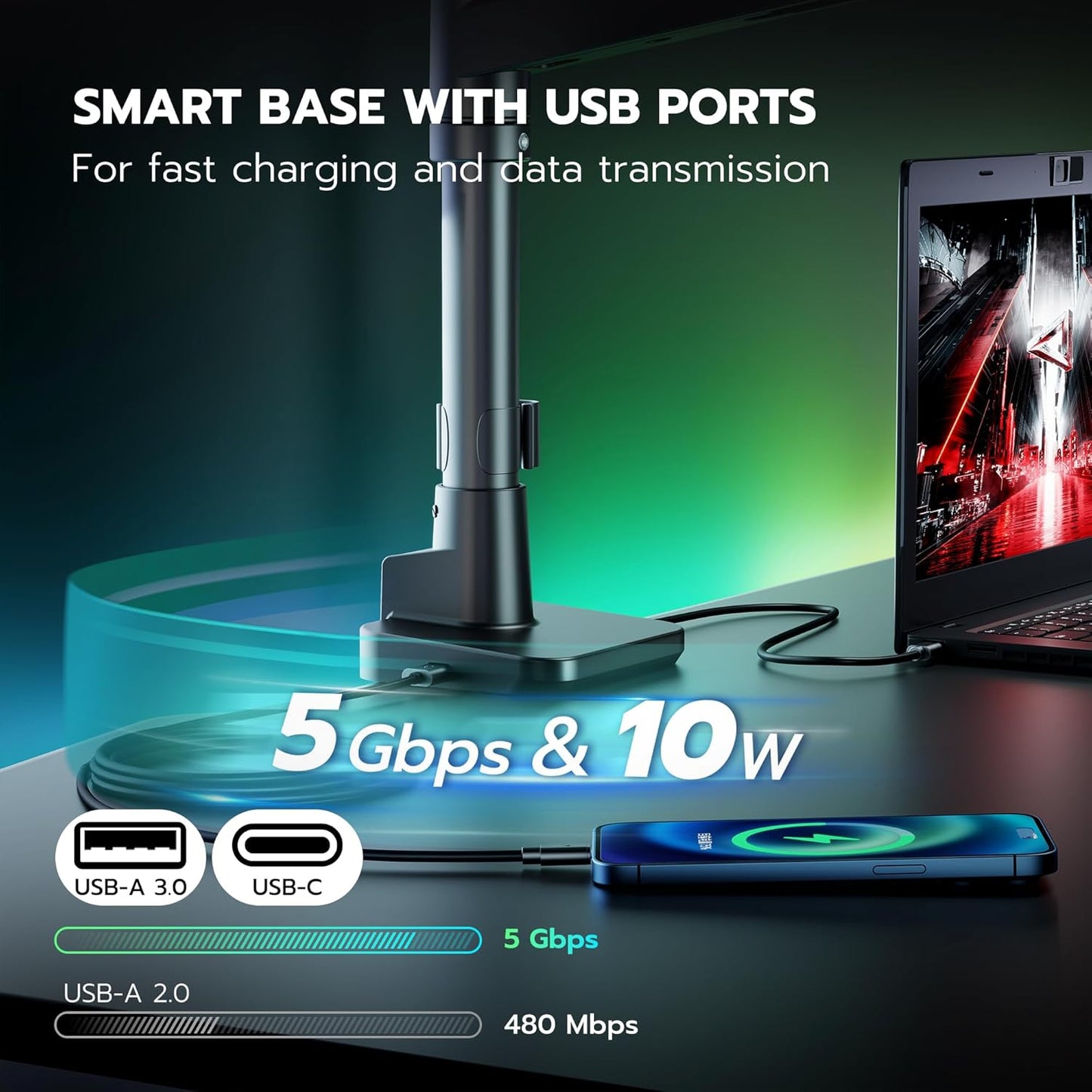 ARES WING Ultrawide Monitor Mount with USB A/C, with Extended Column for 17 to 49 inch Heavy Duty Monitor, Holds 44 lbs, Adjustable Gas Spring Desk Mount, Black