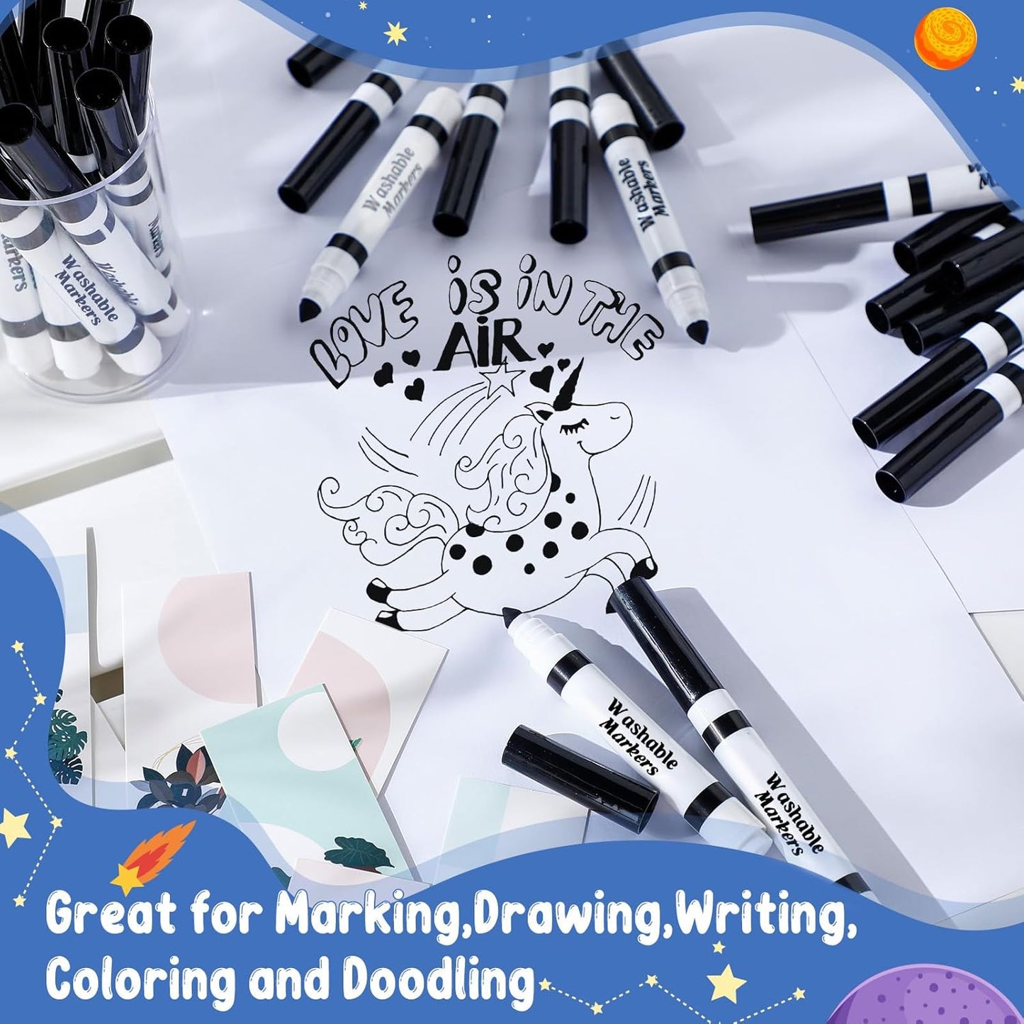 Janlaugh 60 Pcs Black Washable Markers Bulk Coloring Broad Line Markers for Kids Conical Tip Black Drawing Pens for Classroom Back to School Travel Art Baby Shower Gender Reveal Supplies, Ages 6+