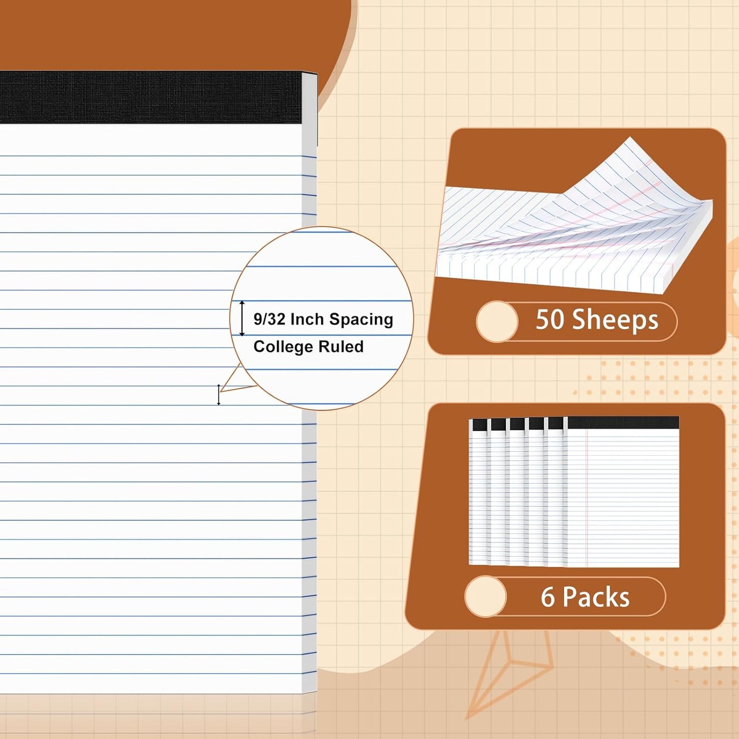 Legal Pads 8.5 X11, Narrow Ruled Notepads, 6 Pack, 50 Sheet/Pad, White Legal Pads, Tear Off Notepad, Perforated Writing Pad, Notebook Paper College Ruled, Notepads for Office Home School, Notepad