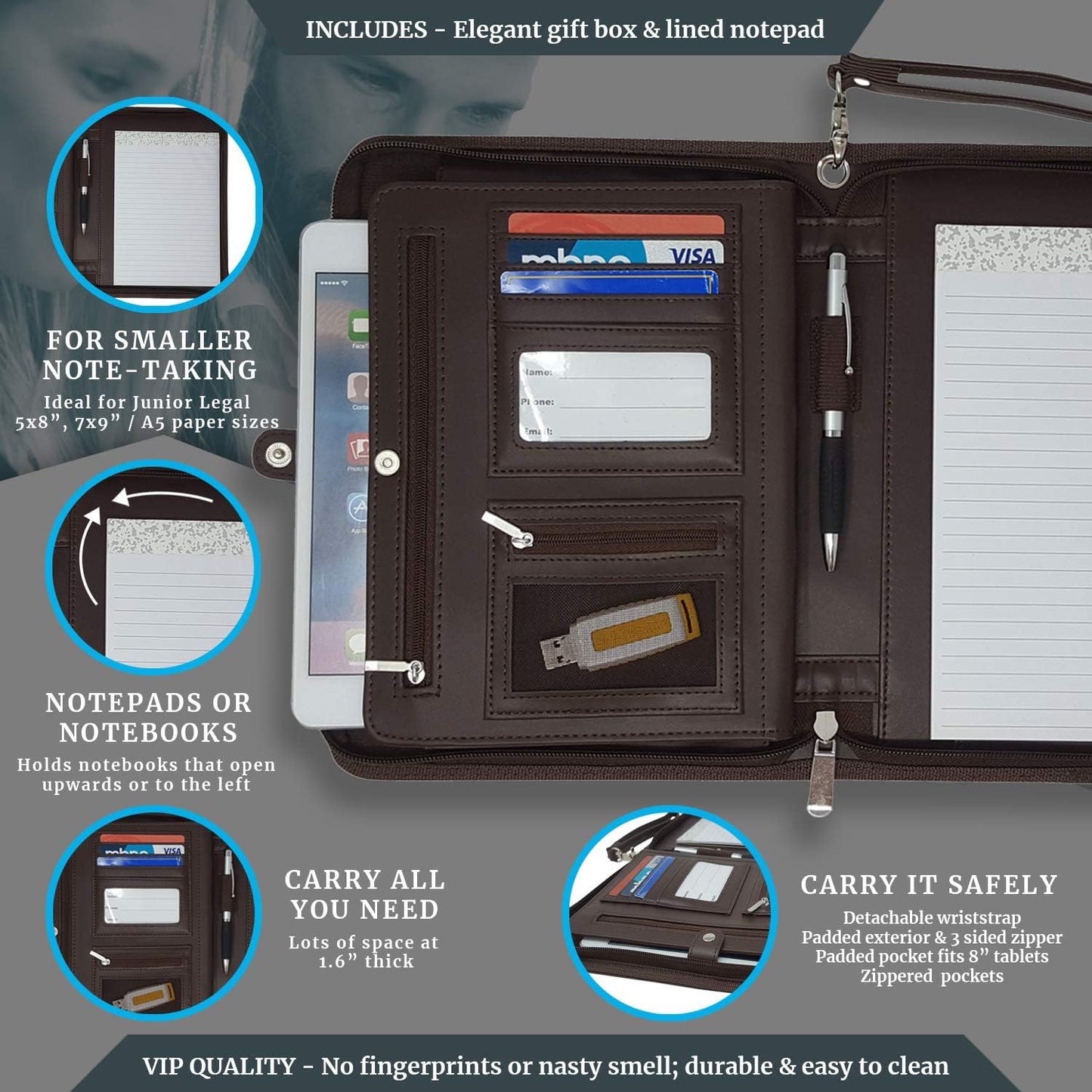 Zippered Portfolio Binder with Junior Legal 5x8 Notepad - Dark Brown PU Faux Leather Business Padfolio Organizer Folder with 8 Inch Tablet Sleeve & Gift Box by Lautus Designs