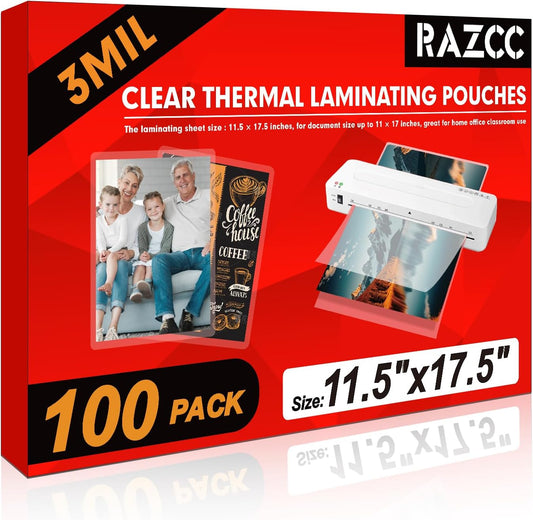 Laminating Sheets, 100 Pack Clear Thermal Laminating Plastic Paper Hold 11 x 17 Inch Sheet, 3 Mil Lamination Sheet Paper for Laminator, Round Corner