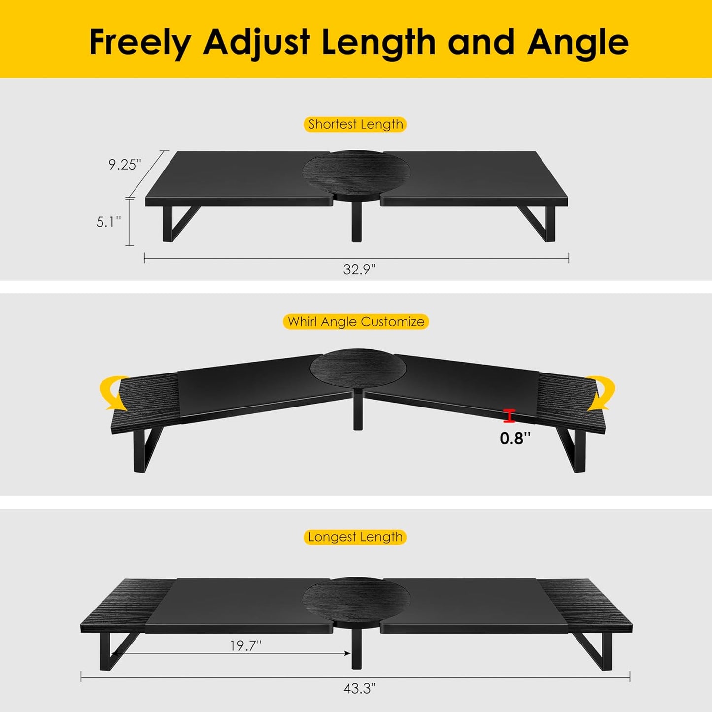 Dual-Monitor Stand for Desk - Large Adjustable Length and Angle Riser for 2 Monitors, Double Computer Desktop Organizer, Shelf for TV, Laptop, Printer
