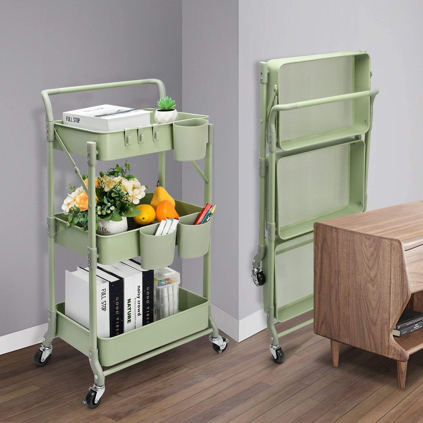 Foldable 3 Tier Rolling Cart, Metal Utility Cart, Folding Mobile Multi-Function Storage Trolley Organizer Cart for Home Library Office(Green)