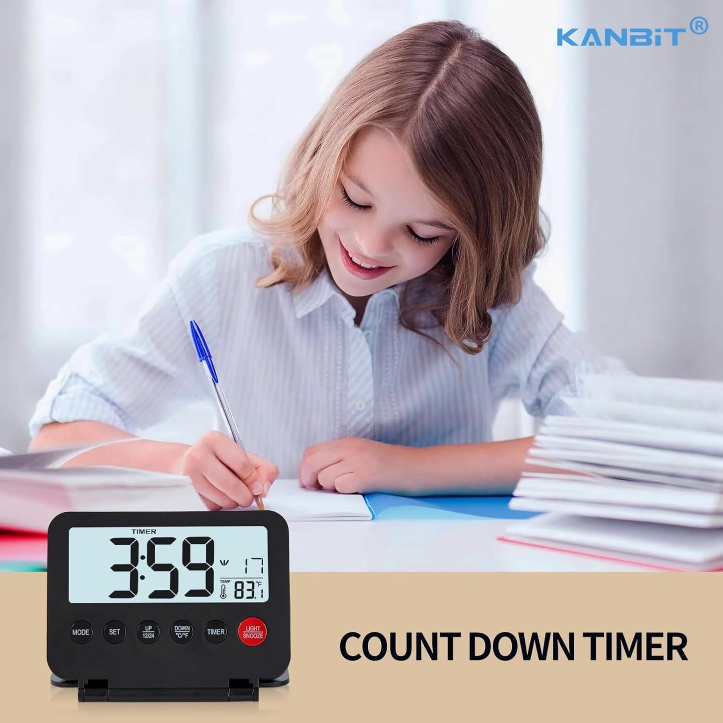 Small Digital Travel Alarm Clock, Large LCD Display Front Button with Date & Temperature, Snooze and 8 Seconds Backlight AAA Battery Operated Desk Clock for Home & Office, Black