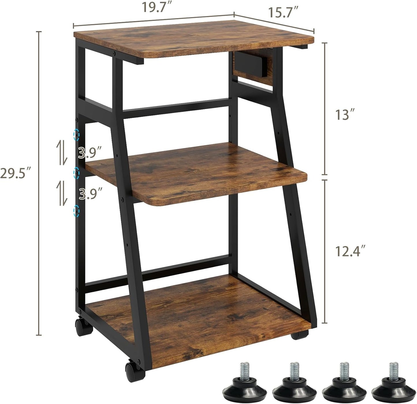 Natwind 19.7"x15.7" Printer Stand,3 Tier Printer Table with Charging Station, Rolling Cart with Adjustable Storage Shelf for Home Office Organization, Stand for Heat Press,3D Printer (Retro)