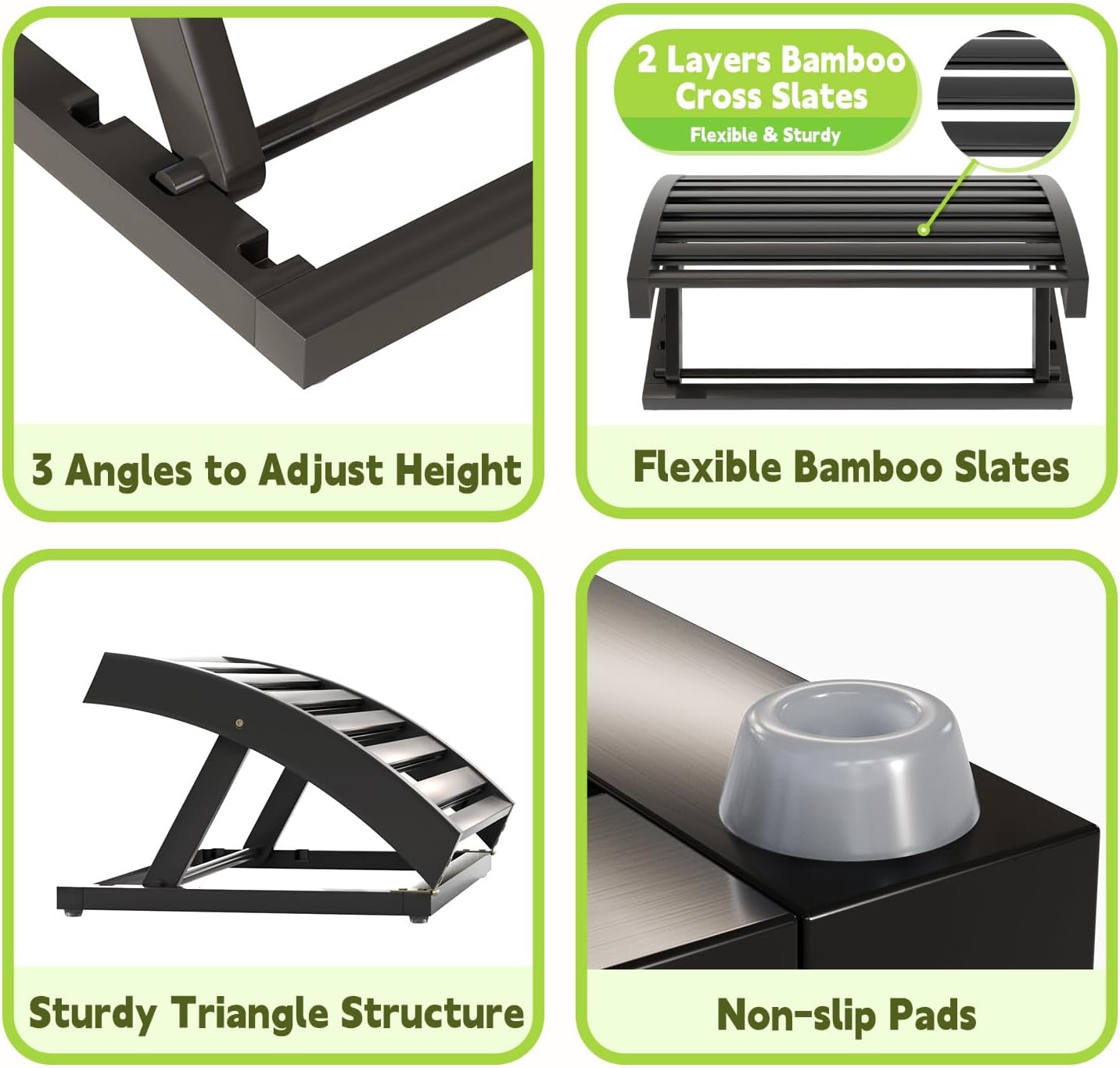 Foot Rest for Under Desk at Work - Adjustable Black Bamboo Footrest for Office and Couch