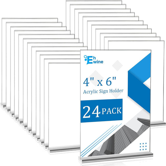 EHWINE 24 Pack Acrylic Sign Holder 4x6, Double-Sided Stand up Table Top Sign Holders, Clear Acrylic Picture Frame Paper Holder Display Stand for Office Business Store Wedding Party