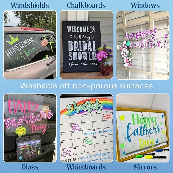 Liquid chalk markers washable, erasable, dry or wet erase. 6 neon markers for whiteboards, glass boards, mirrors, chalkboards, windows, car windshields, glass. Non-toxic, reverse tip pens