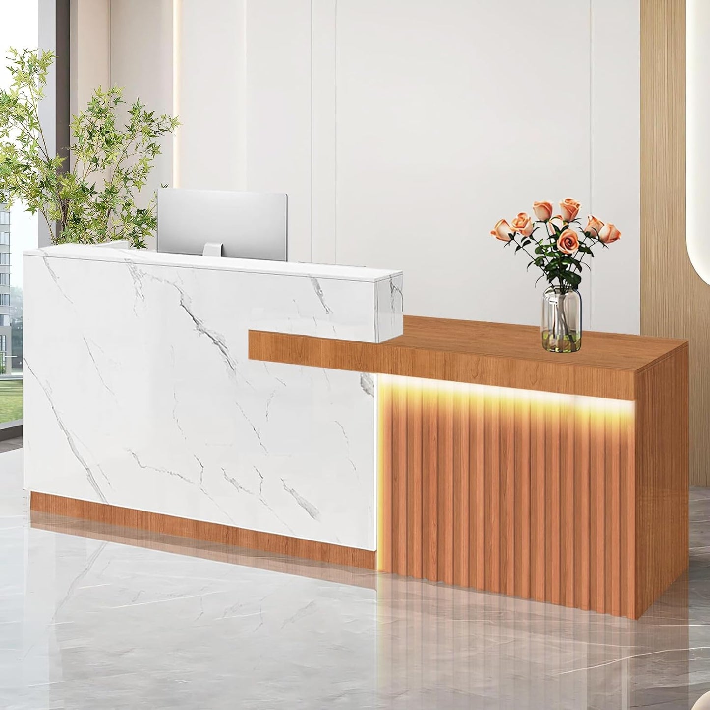Modern Reception Desk with Counter and Drawer Office Front Desk with Cabinet Wooden Commercial Reception Table Checkout Counter for Retail Salon Lobby White and Brown Right 71inch/180cm