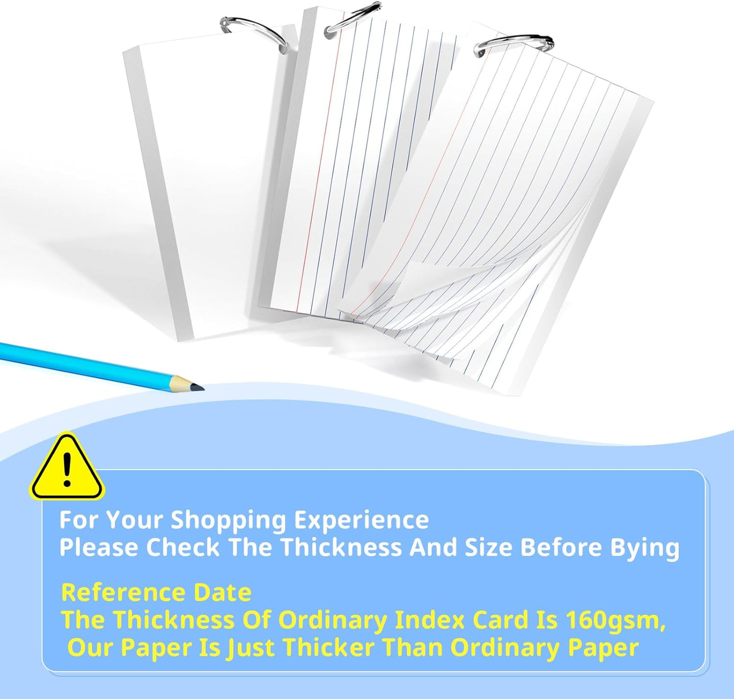 Index Cards 3x5 Inches, 300 PCS, White Flash Cards With Ring, Punched Lined Study Card Ruled Flashcards Notecards, Ruled Front And Blank Back, Note Card for School, College And Home