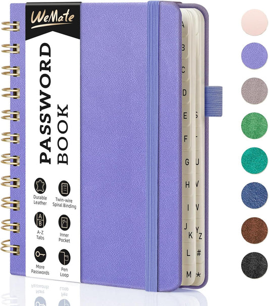 WEMATE Password Book with Alphabetical Tabs, Spiral Password Keeper Book for Seniors, Internet Password Notebook Password Journal Logbook Log in Detail, Small – 4.7''x 6'' (Purple)