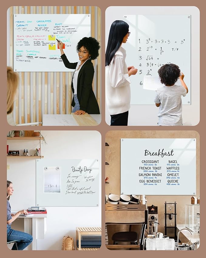 Magnetic Glass Whiteboard，48"x36" Wall Mounted Frameless Dry Erase Board for Office, Home & School White