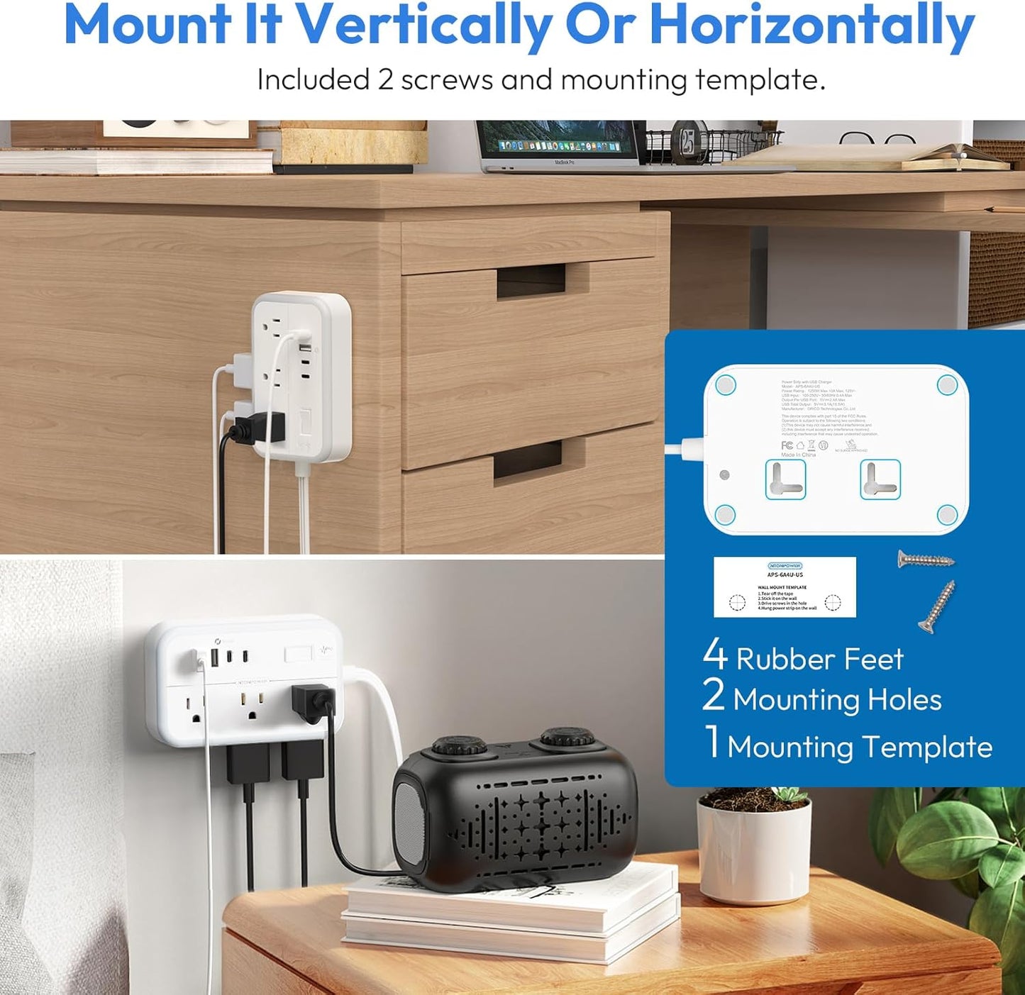 Surge Protector Power Strip 10 ft, Flat Plug Extension Cord with 6 Outlets 4 USB Ports, Outlet Extender Long Cord, Overload Protection, Extension Cord with Multiple Outlets for Indoor, Home, Office