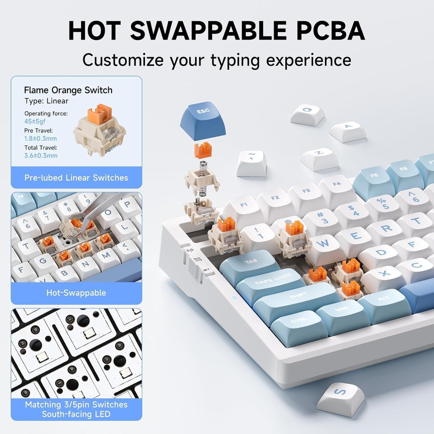 G98 PRO Wireless Gaming Keyboard, Tri-Mode Connection Mechanical Keyboard, Hot Swappable Custom Gasket Structure, Pre-lubed Linear Switches, Double Shot PBT Keycaps, RGB LED Backlit, Blue&White