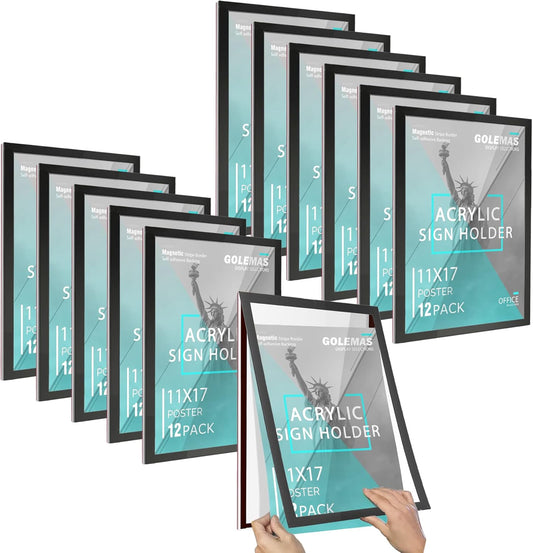 Acrylic Magnetic Sign Holder, Easy-Opening 11 x 17 Wall Mount Display Frames, Self Adhesive Back Plastic Clear Document Frame, Horizontal & Vertical Display (Black, 12Pack)