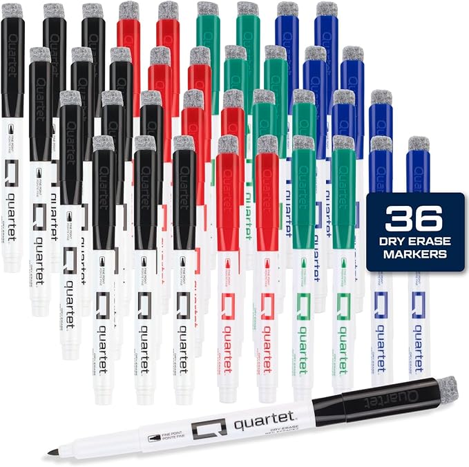 Quartet Dry Erase Markers, Fine Tip White Board Dry Erase Markers with DryGuard Ink Protection, Office Essentials, Black, Red, Blue, Green, 36 Pack (Q120Z03-R)