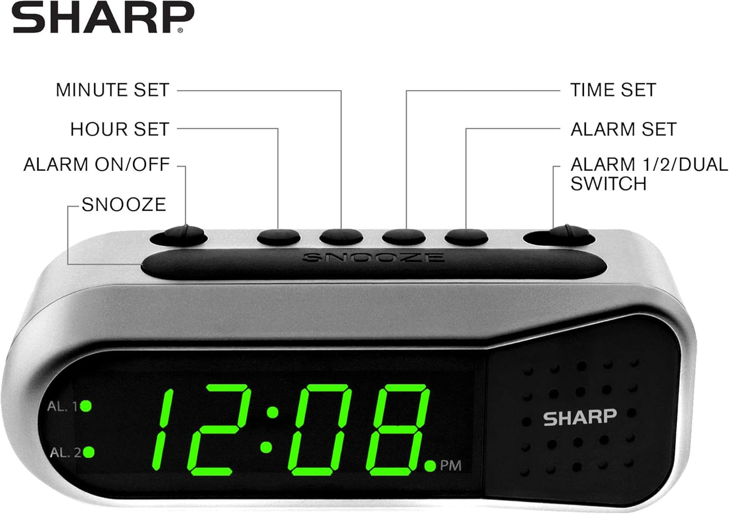 Sharp Digital Alarm Clock - Ascending Alarm Begins Faintly and Grows Increasing Louder, Gentle Wake Up Experience, Dual Alarm - Battery Back-up, Easy to Use with Simple Operation (Brushed Silver)