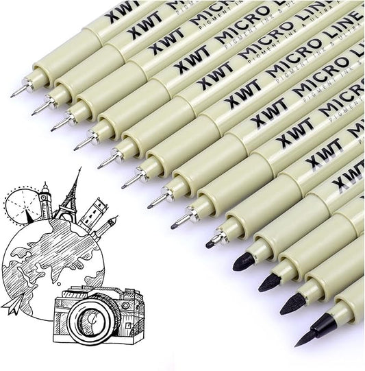 12+1 Fineliner Drawing Art Pens, Black Waterproof Pigment Ink Set for Artists, Sketching, Manga, Watercolor, Calligraphy, and Detail Outlining Archival Quality Inking Markers