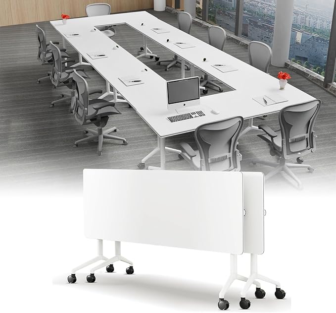 Conference Table, Folding Conference Desk Modern White, Seminar Table with Wheels, 2-10 People for Office, Meeting Break Room (2, 1915, 61IN)