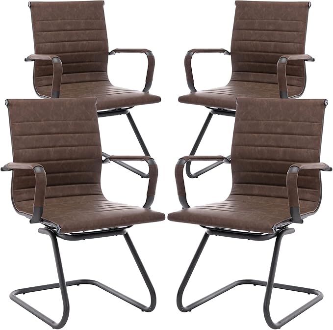 Office Desk Chair No Wheels Set of 4 PU Leather Computer Chairs Mid Back Guest Chairs for School Reception Conference Waiting Room, Vintage Brown