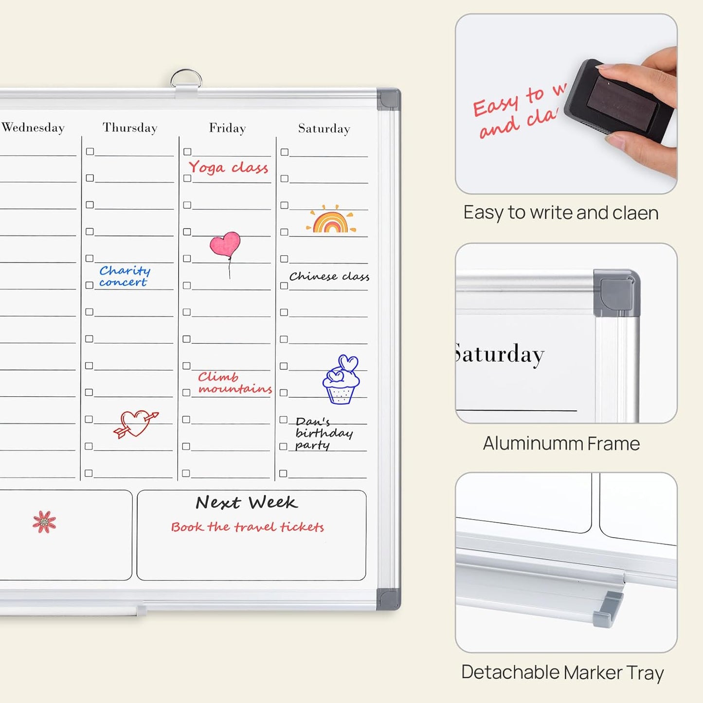 White Board Dry Erase Calendar for Wall, Magnetic Weekly Schedule-Board with Hourly Time Slots for Home, Office,Work, School, Hanging Double-Sided Whiteboard with Marker Tray, 36" × 24"