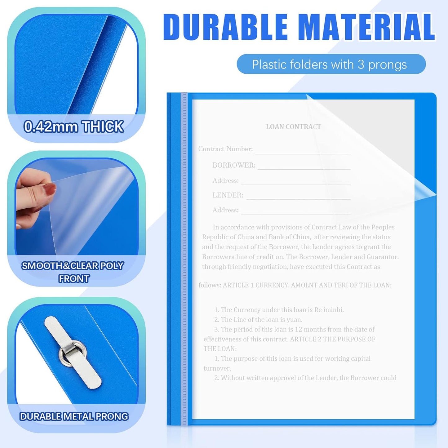 Teling 48 Pcs Clear Front Report Covers with Prongs Plastic Presentation Folders 3 Prong Resume Portfolio Folder for School(Blue)