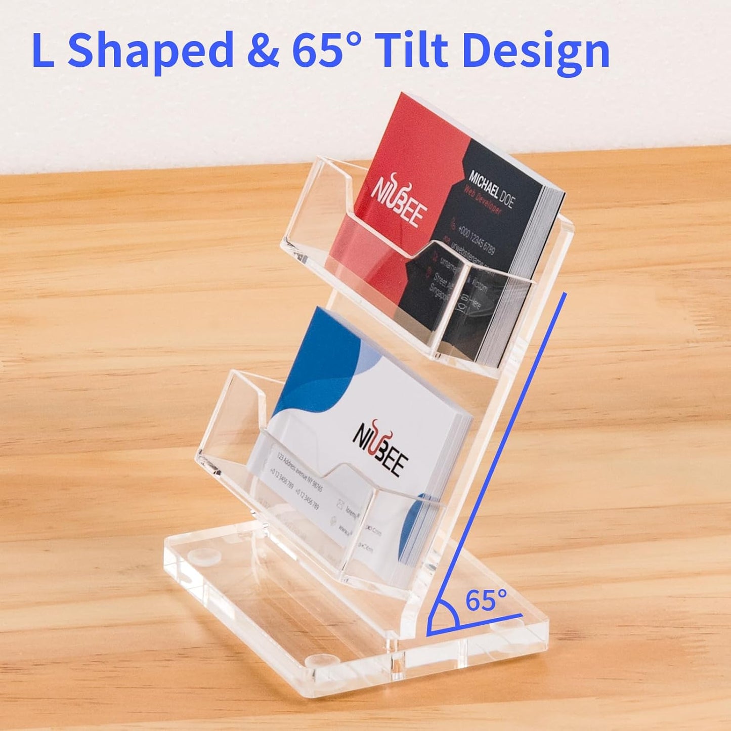 NIUBEE Acrylic Business Card Holder for Desk 2 Tier Clear Gift Card Display, Business Card Stand for Office Exhibition, 130 Cards Capacity, 2 Slots