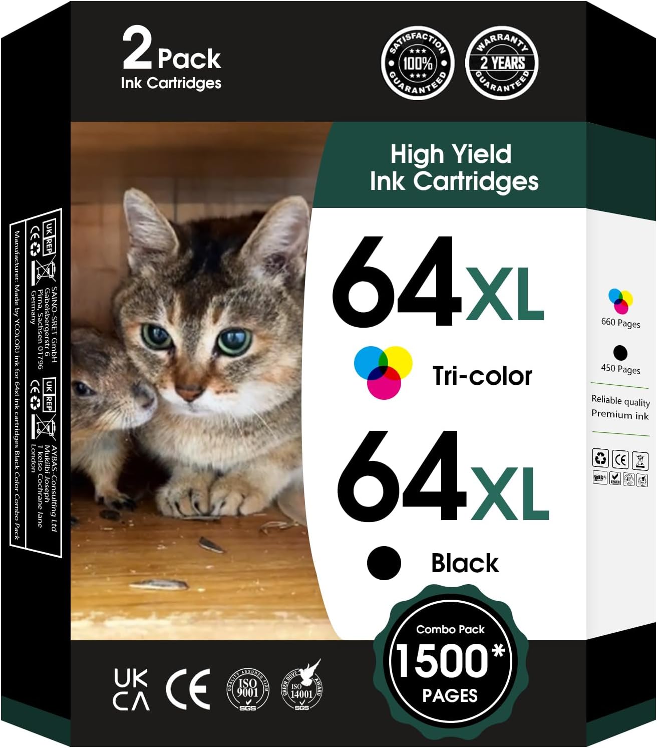 64XL Ink Cartridge for HP Ink 64 XL 64XL Black and Color Combo Pack High Yield Replacement for HP Printers 7858 7855 7120 7155 7158 7164 6255 6252 6232 Envy Inspire 7955e Tango X Printers Combo