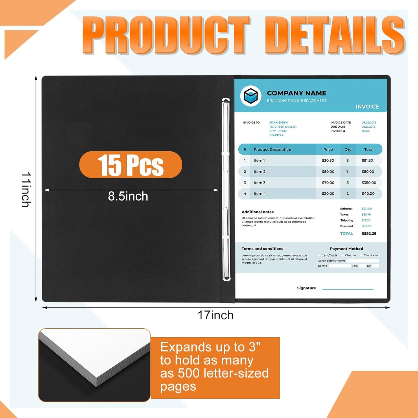 Zhanmai 15 Packs 8.5'' x 11'' Pressboard Report Covers, Metal Prong Fastener with Compressor, Letter Size 3'' Capacity Presentation Report Folder to Neatly Bind Reports, Proposals, Documents(Black)