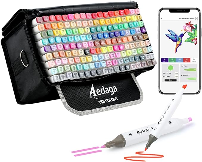 168 Colors Alcohol Markers with Free App, Dual Tip Art Markers with Kickstand Case for Artists Adults and Kids. Alcohol Based Marker for Coloring Painting Sketching and Drawing, Great Gift