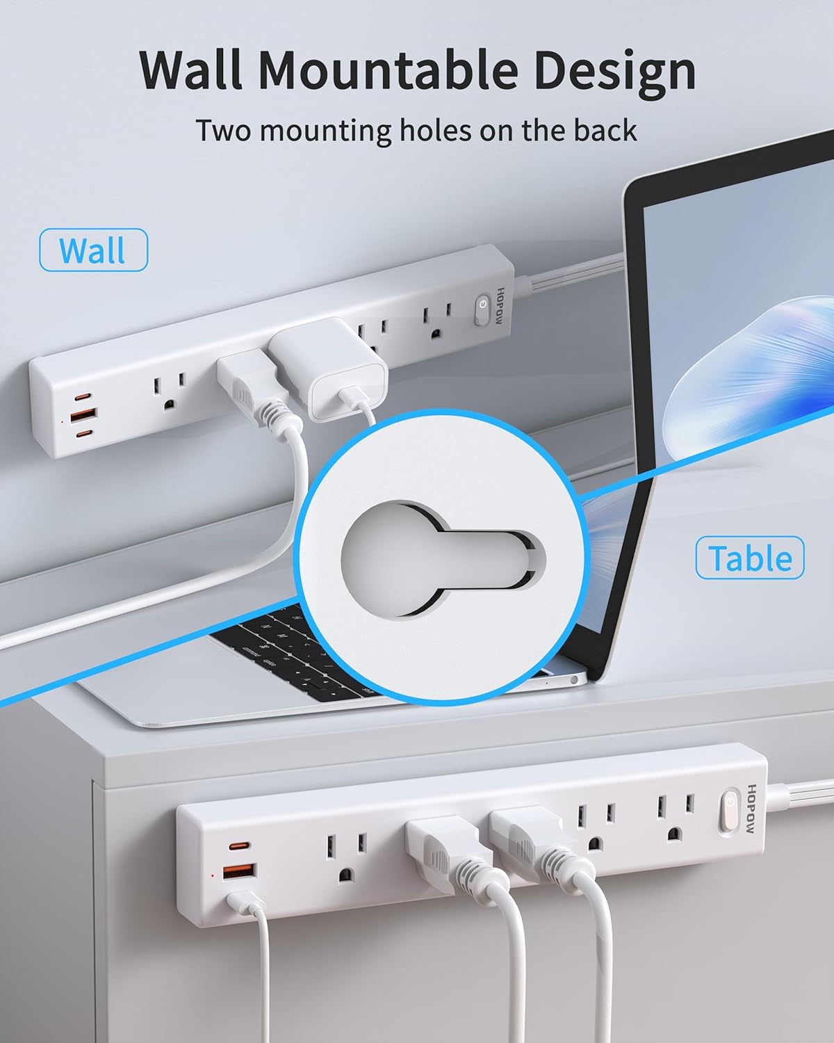 Flat Plug Power Strip, 10 Ft Ultra Thin Flat Extension Cord, Surge Protector with 5 Outlets & 3 USB Ports (2 USB C), 1700 Joules, Wall Mount, Desktop Charging Station for Home Office Dorm, White