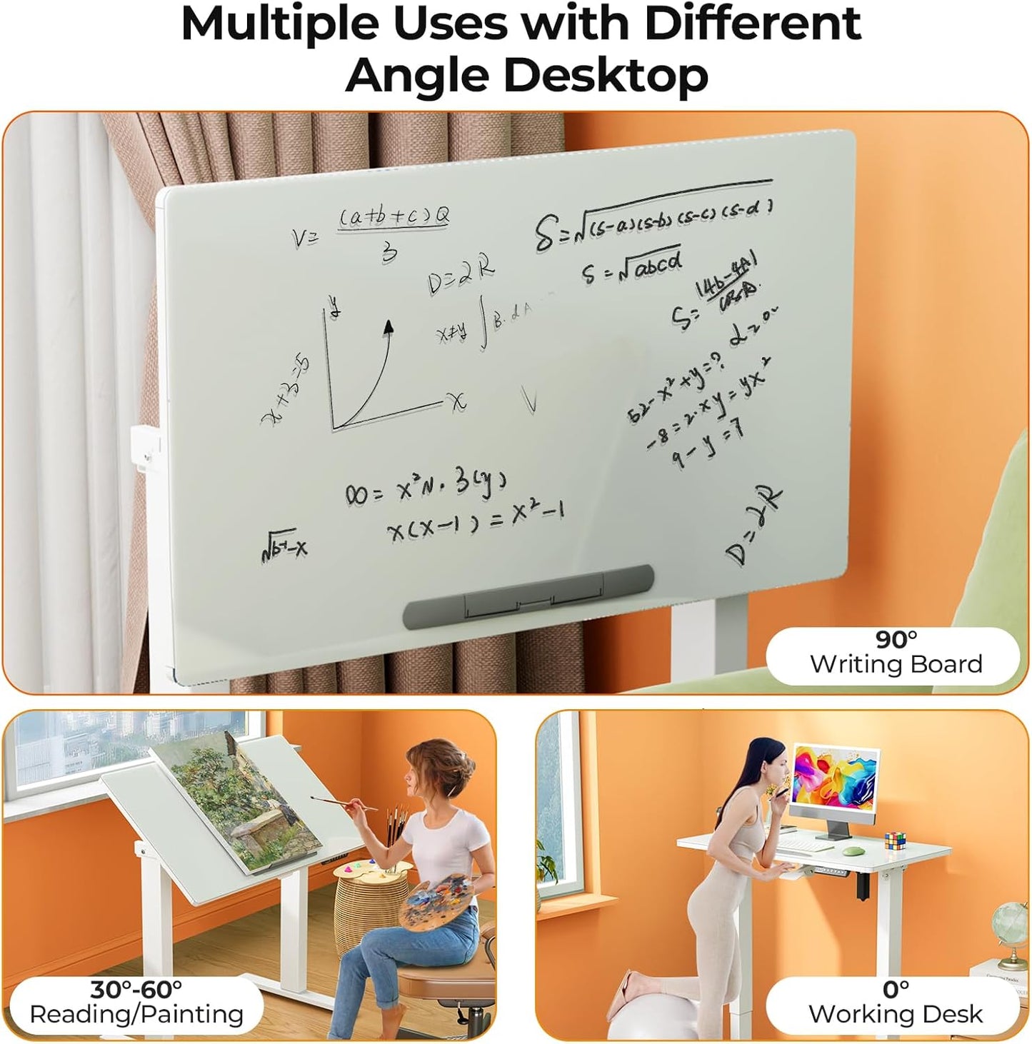 35inch Glass Standing Desk，90° Tiltable Mobile Rising Desk Height Adjustable，Whole Piece Rolling Sit Stand Table with Wheels，Foldable Small Laptop Desk，White