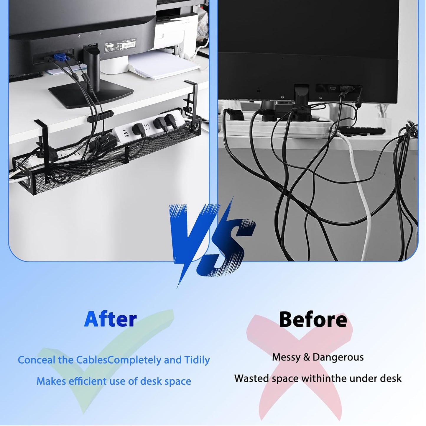 Clamp-On Under Desk Cable Management Tray – 25.3 Inch No Drill Metal Wire Organizer for Home Office & Standing Desk Setup (Black)